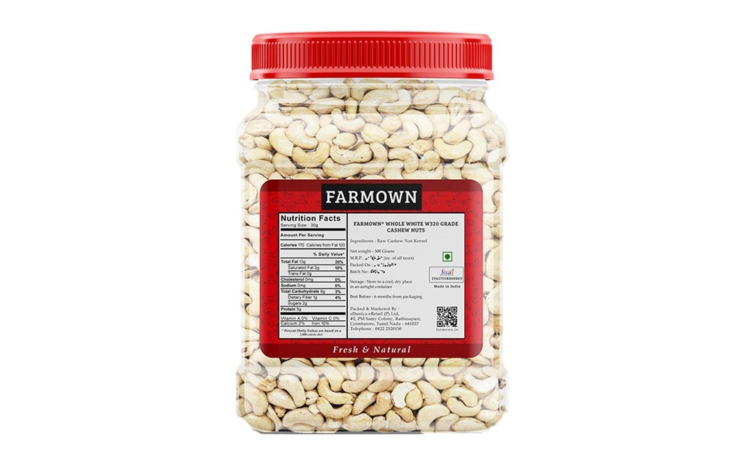 Farmown Whole White Cashews    Plastic Jar  500 grams